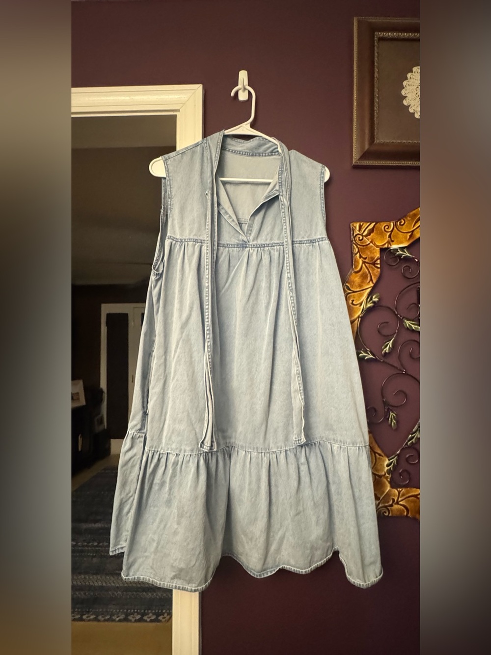 Light Blue Sleeveless Denim Chambray Tiered Dress